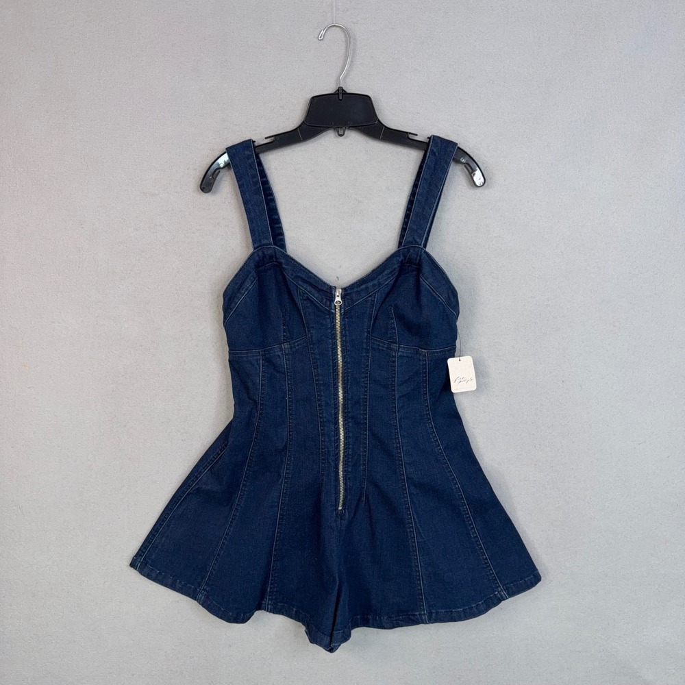 We The Free Romper Womens 8 Blue Denim Zip Front Sleeveless Delancey Flare NWT